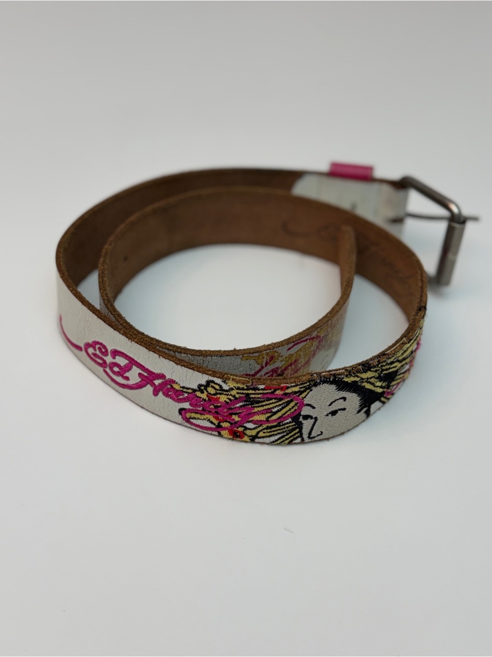 Vintage Y2K Ed Hardy Leather Embroidered Japanese Graphic Belt, Size Small